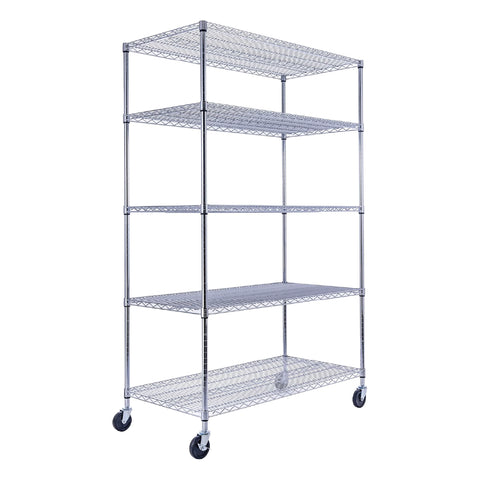 A chrome wire shelving unit with wheels, 48 inches wide, 24 inches deep, and 72 inches tall with five tiers, holds product boxes in a warehouse. The NSF-certified rack stands against a white industrial background with crates.