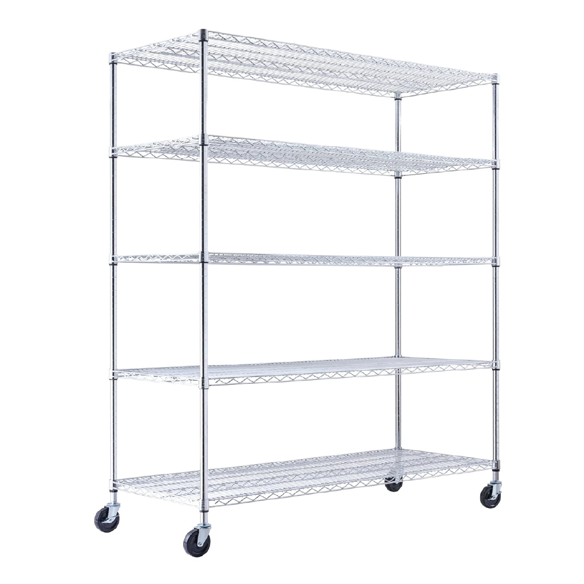 A chrome wire shelving unit, 60 inches wide, 24 inches deep, and 72 inches tall with five tiers, holds product boxes in a warehouse. The NSF-certified rack on four wheels, two locking, stands against a white industrial background.