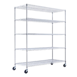 A chrome wire shelving unit, 60 inches wide, 24 inches deep, and 72 inches tall with five tiers, holds product boxes in a warehouse. The NSF-certified rack on four wheels, two locking, stands against a white industrial background.