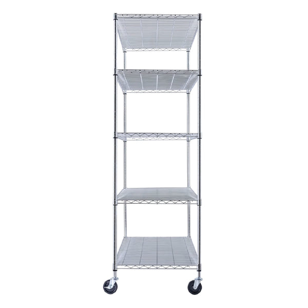 A chrome wire shelving unit, 60 inches wide, 24 inches deep, and 72 inches tall with five tiers, stores tools and bins in a garage. The NSF-certified rack on leveling feet stands against a white workbench background.