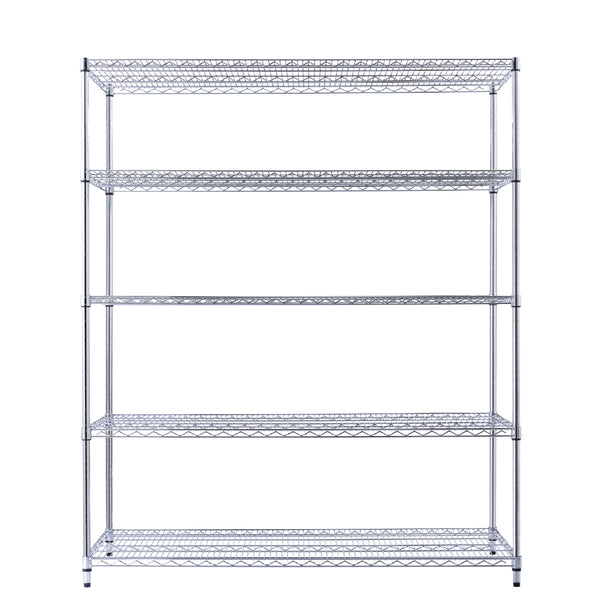 A 60-inch-wide, 24-inch-deep, 72-inch-tall chrome wire shelving unit with five tiers holds pantry items in a home pantry. The NSF-certified rack on leveling feet contrasts with a white kitchen wall.