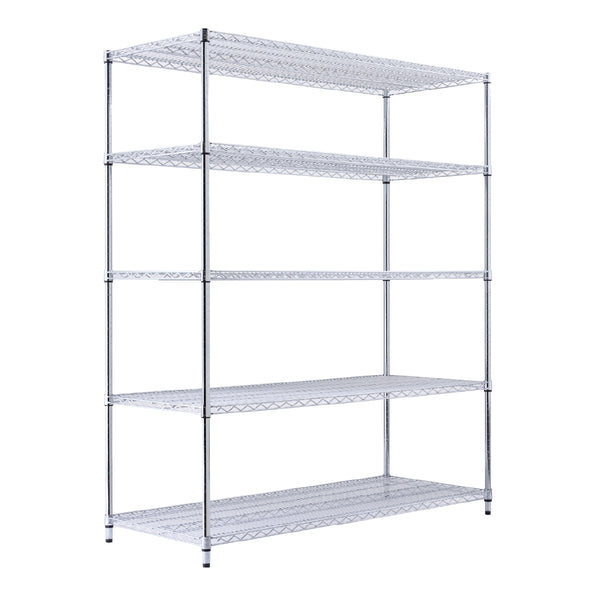 A chrome wire shelving unit, 60 inches wide, 24 inches deep, and 72 inches tall with five tiers, stores files and supplies in an office. The NSF-certified rack on leveling feet stands against a white background with a desk.