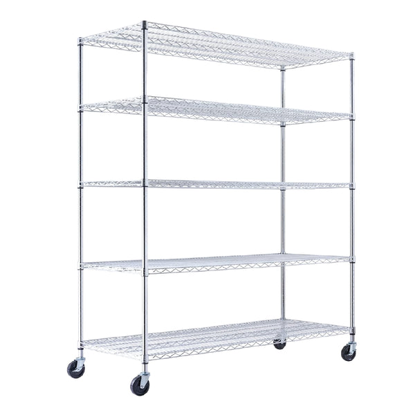 A chrome wire shelving unit, 60 inches wide, 24 inches deep, and 72 inches tall with five tiers, holds product boxes in a warehouse. The NSF-certified rack on four wheels, two locking, stands against a white industrial background.
