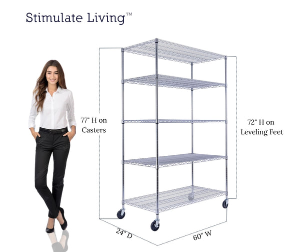 48x24x72 5-tier chrome wire shelving unit in a garage setting| Chrome wire shelving with wheels | Rolling storage rack | Utility Shelving | Wire Rack with wheels | NSF Certified | 48 x 24 x 72 chrome wire shelving