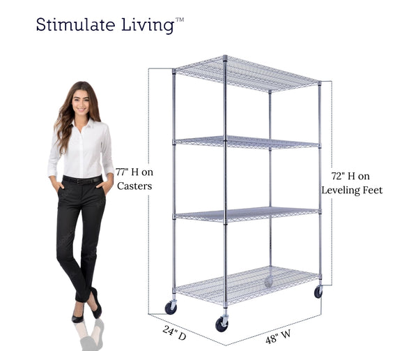 48x24x72 4-tier chrome wire shelving unit in a garage setting | black wire rack | heavy duty wire shelving on wheels | 24 wire rack | Shelves shelf | Shelving shelf