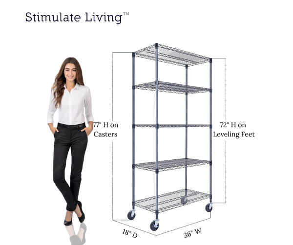 36x18x72 5-tier black wire shelving unit in a garage setting