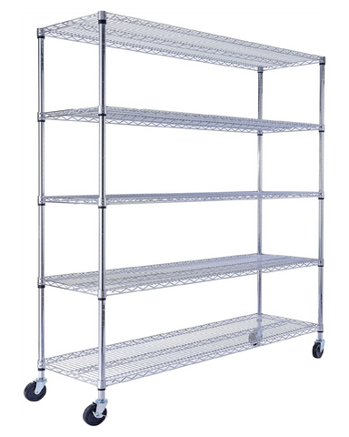 angled shot of chrome wire rack on wheels