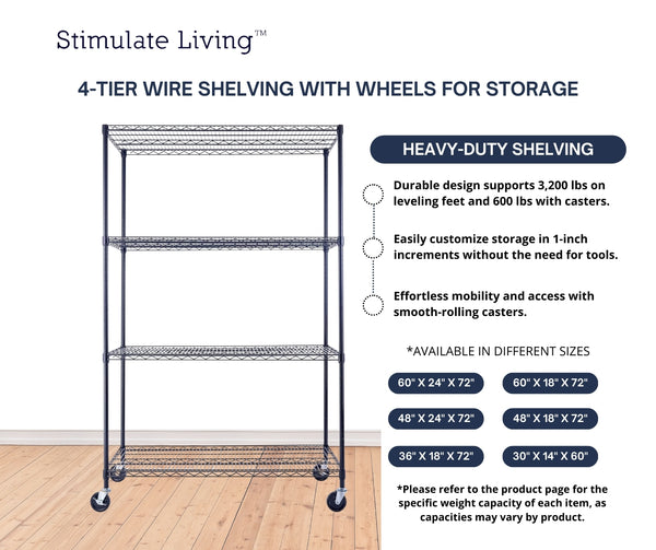 48x24x72 4-tier black wire shelving unit in a garage setting | black wire rack | heavy duty wire shelving on wheels | 24 wire rack | Shelves shelf | Shelving shelf