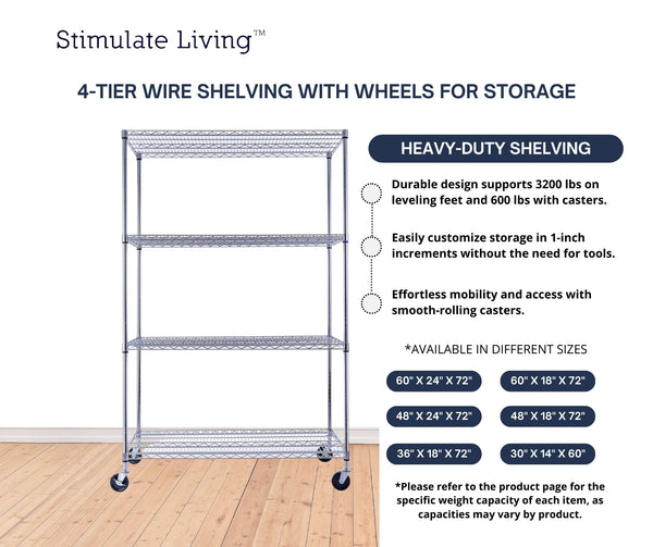 48x24x72 4-tier chrome wire shelving unit in a garage setting | black wire rack | heavy duty wire shelving on wheels | 24 wire rack | Shelves shelf | Shelving shelf