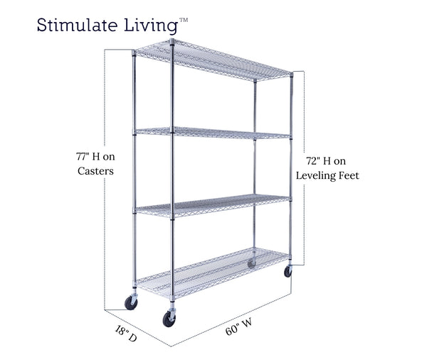 dimensions of the angled front view of wire rack shelving with chrome finish