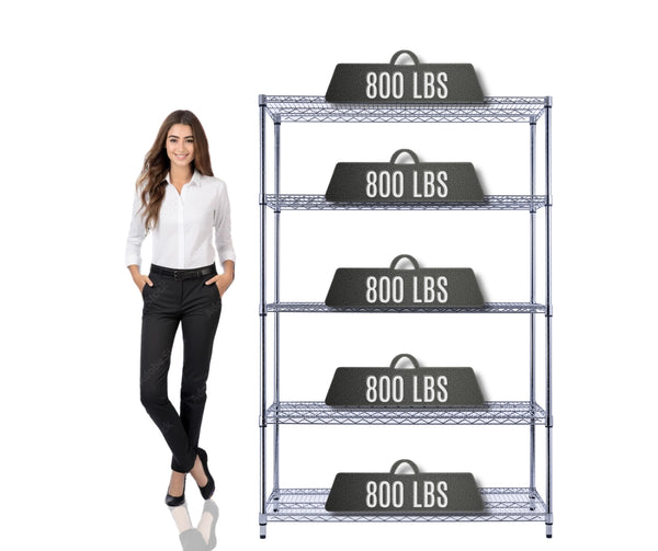 freestanding wire shelving on wheels with chrome finish on leveling feet supporting 800 lbs per shelf