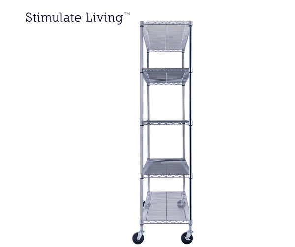 side view of chrome wire storage rack with open design