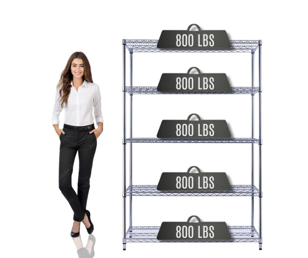 front view of chrome wire storage rack with open design with 800 lbs weigh on every shelf