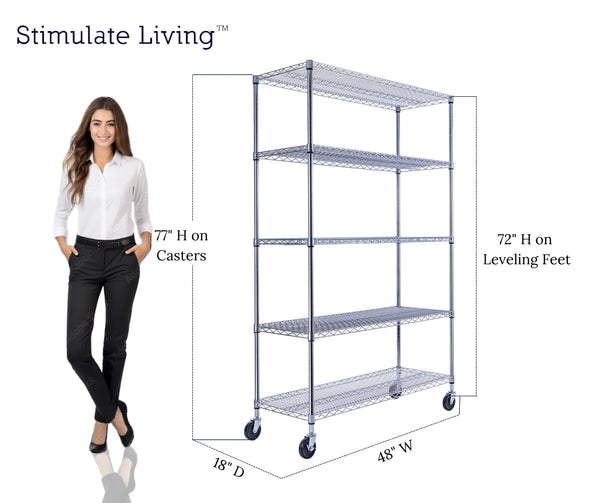 5-shelf chrome wire storage rack dimensions with a professional woman on the side